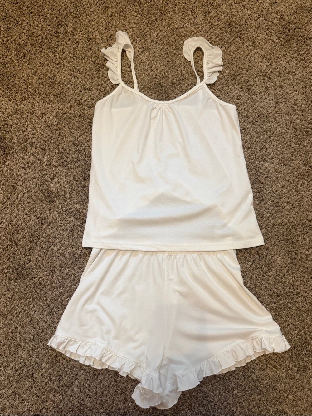 Ruffled Strap White Pajama Tank & Short Set